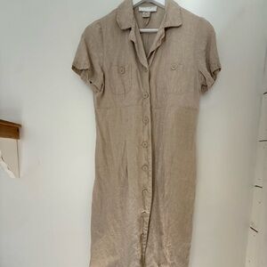 Elegant Beige Linen Button-Down Dress